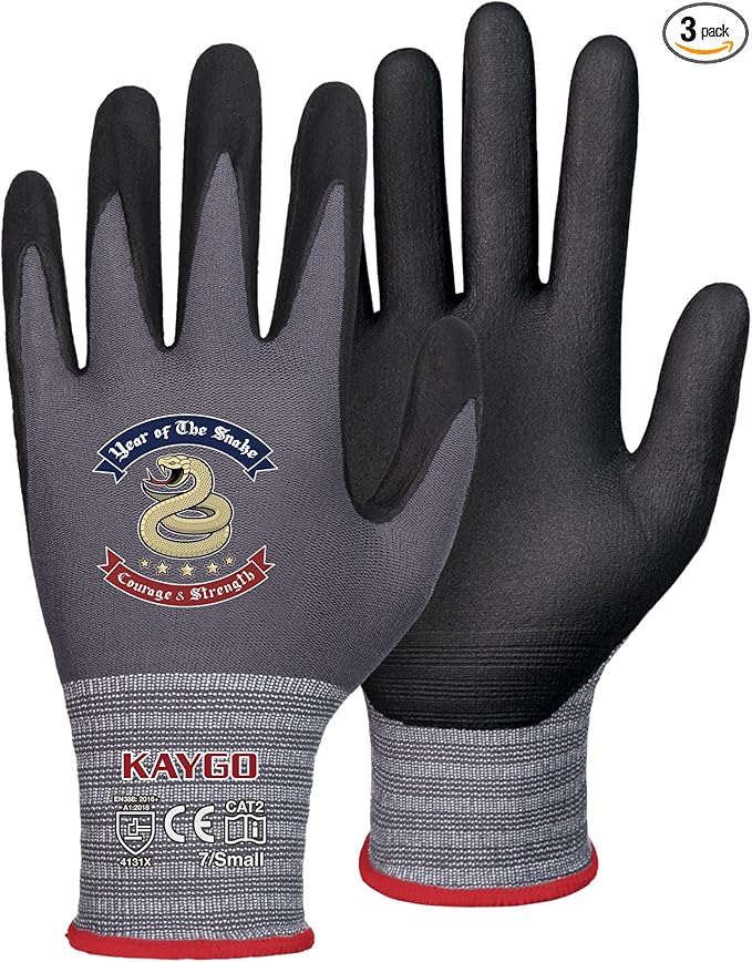 KAYGO Safety Work Gloves MicroFoam Nitrile Coated, 3 Pairs KG18NB,Seamless Knit Nylon Glove for Men and Women, Ideal for Automotive,Warehouse,Construction (Small,Gray)