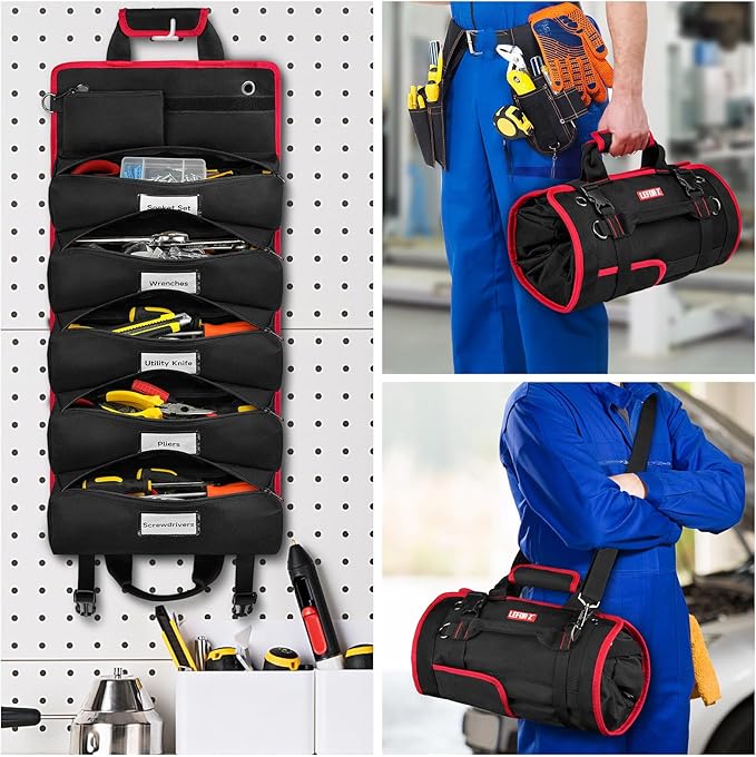 Tool Bag,Large Roll Up Tool Bag Organizer,13 Pockets Tool Roll Storage Pouch,Heavy Duty Portable Tool Storage Carrier Bag for Men,Mechanic,Electrician,Valentines Day Gifts for Men,Black/Red