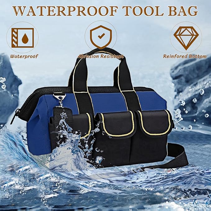 13 Inch Heavy Duty Tool Bag for Men, Waterproof Hard Bottom, Wide Mouth with Zipper Tool Bag, Multi Pocket Organizer for Electricians, Carpenters, Mechanics (Blue)