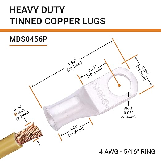 SELTERM 10pcs 4 AWG-5/16" Stud Tinned Copper Wire Lugs, Heavy Duty Battery Cable Ends,4 Guage Ring Terminals, UL Battery Lugs Marine Grade Copper Eyelets Electrical Battery Terminal Connectors