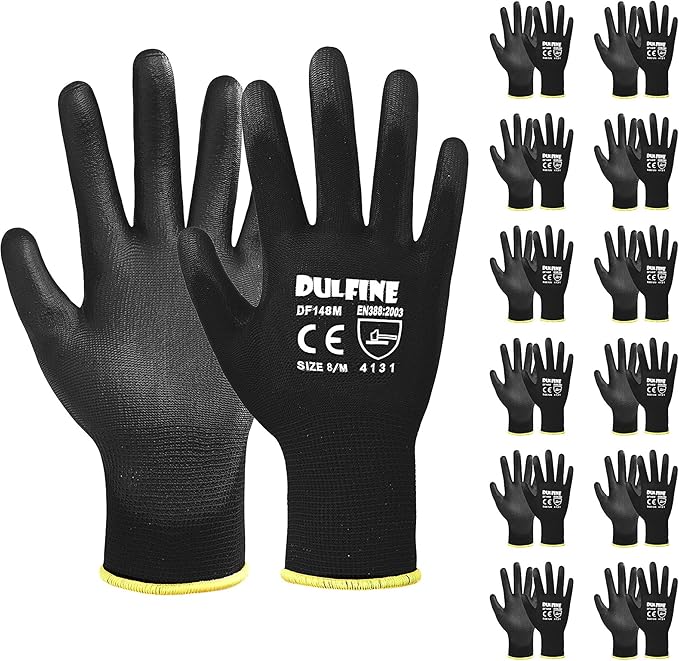 Ultra-Thin PU Coated Work Gloves-12 Pairs,Excellent Grip,Nylon Shell Black Polyurethane Coated Safety Work Gloves, Knit Wrist Cuff,Ideal for Light Duty Work. (Medium)