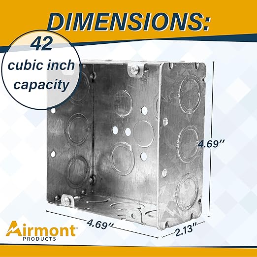 (12 Pack) Airmont Products 4-11/16” Square Electrical Box and Cover Kit, UL Listed Welded Metal Junction Box, 2-1/8” Deep, 42 Cu in, Flat Blank Cover with Keyhole and Slotted Mounts