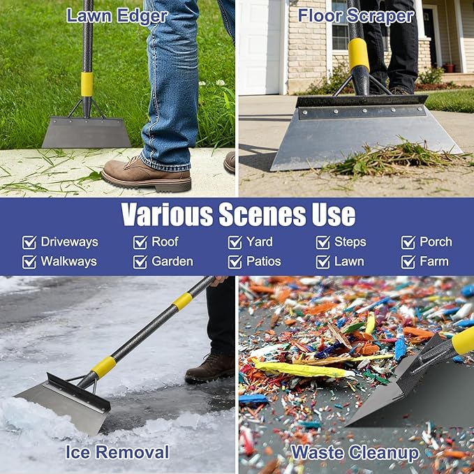 Garden Shovel: Heavy Duty Ice Scraper with Metal Flat Head, Multifunctional 60in Long Handle Floor Scraper for Breaking Removing Hard Ice on Driveway Walkway Road