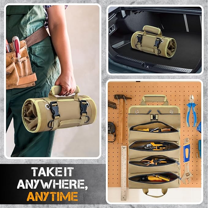 Roll Up Tool Bag, Heavy Duty Tool Organizer with 2 Detachable Pouches, Father's Day Gifts for Dad, Durable Tool Storage for Men Women, Perfect for Husband, Handyman, RV Owners, Dad Birthday, Khaki