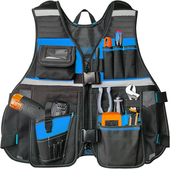 Electrician Tool Vest for Men, Tool Vest Electrician with Molded Drill Holster, 1680D Heavy Duty Adjustable Work Vest, Reflective Workwear with 16 Storage Spaces (Blue)