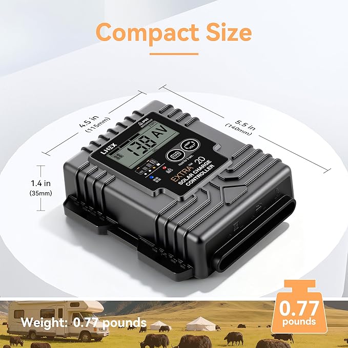 Solar Charge Controller Waterproof, 20A Solar Panel Regulator with Temp Sensor,Backlit LCD, 12V/24V PWM Solar Controller for LiFePO4,AGM, Gel, Flooded and Lithium Battery