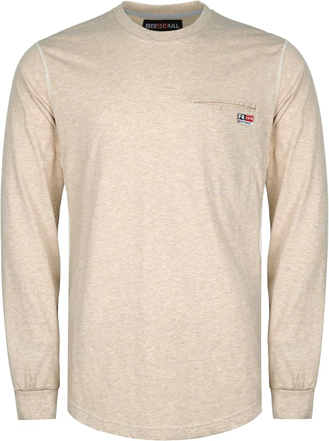 BOCOMAL FR Shirts for Summer Breathable Vented Design 6oz Heather Jersey Flame Resistant Long Sleeve Crew T Shirt