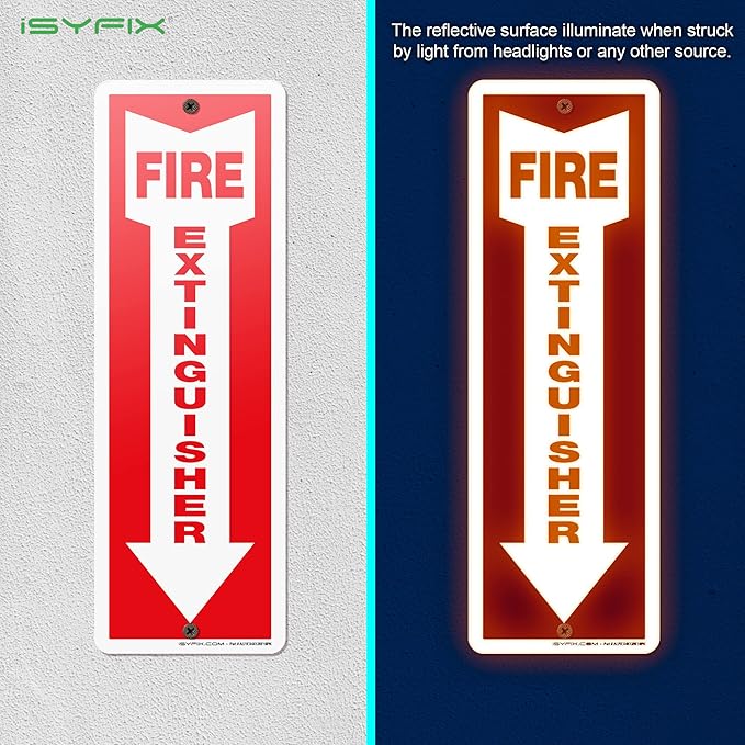 iSYFIX Reflective Fire Extinguisher Aluminum Signs – 10 Pack 4x12 Inch – Laminated for Ultimate UV and Fade Resistance, Indoor and Outdoor, for Business, Schools, Hospitals, Home