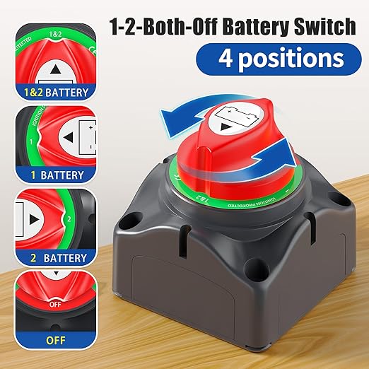 Joinfworld 1-2-Both-Off Battery Disconnect Switch 12V-48V Waterproof Dual Battery Kill Switch Heavy Duty Battery Isolator Switch for Marine Boat Car RV ATV UTV Vehicles, ASW-A701S