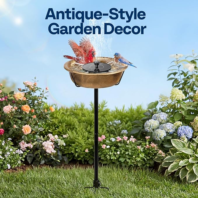 VIVOHOME Bird Bath with Solar Fountain for Outside, Weather-Resistant ABS Birdbath Bowl with Solar Powered Pump, Metal Ground Stake for Outdoor, Garden, 1.45 Gallons, Copper