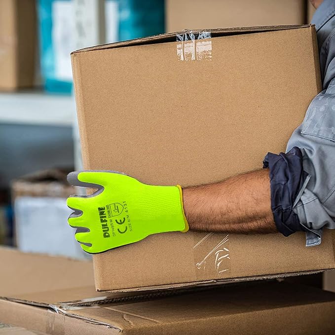 Safety Work Gloves for Men PU Coated 12 Pairs Bulk Pack,Hi-Vis Yellow Seamless Knit Glove with thin Polyurethane Coated Smooth Grip on Palm & Fingers,Ideal for General Duty Work (Medium)