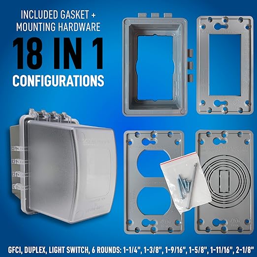 Sealproof 1-Gang Extra Deep Weatherproof in Use Outdoor Duplex Outlet Cover with Box Kit, Lockable, UL Extra Duty Compliant, 18 Configurations