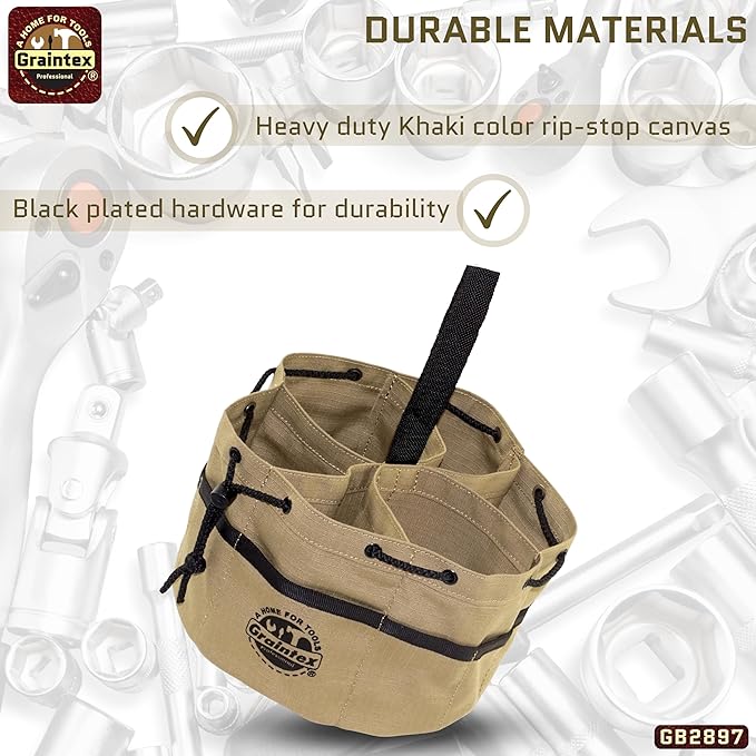 Graintex 18 Pockets Grab Bag Rip-stop Canvas Drawstring Closure, Small Part Organizer Pouch, Small Tools, Screws, Parts, Parachute Tool Bag for Efficient Storage - Khaki