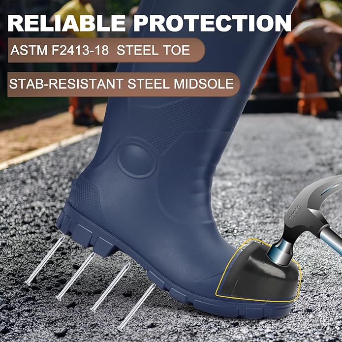 Showave Steel Toe Rubber Work Boots for Men Waterproof Durable Concrete Boots for Hunting Manufacturing Construction