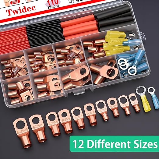 Twidec/110PCS Battery Cable Ends AWG 2 4 6 8 10 12 14 16 Gauge Copper Cable Wire Lugs,Ring Terminals Connectors,Copper Ring Terminals with Heat Shrink N-067-110PCS