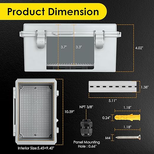 Waterproof Electrical Junction Box, IP67 ABS Plastic Junction Box Enclosure with Aluminum DIN Rail, Mounting Plate, Wall Brackets for WiFi Electronics Project, Grey (10.2''×6.3''×3.9'')
