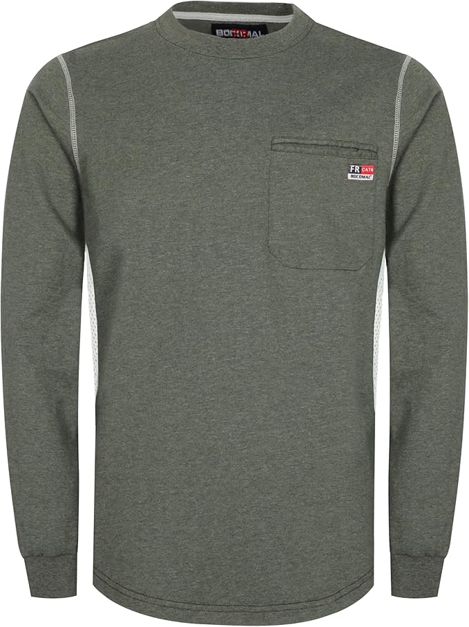 BOCOMAL FR Shirts for Summer Breathable Vented Design 6oz Heather Jersey Flame Resistant Long Sleeve Crew T Shirt