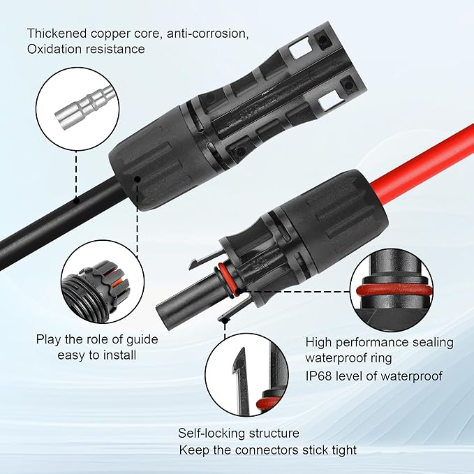 10 FEET 8AWG Solar Panel Extension Cable,8 Gauge Extension Cord, Solar Panel Wire with Extra Fair of Female and Male Quick Connectors Solar Adapter for RV, Off-Grid Systems (10FT Red + 10FT Black)