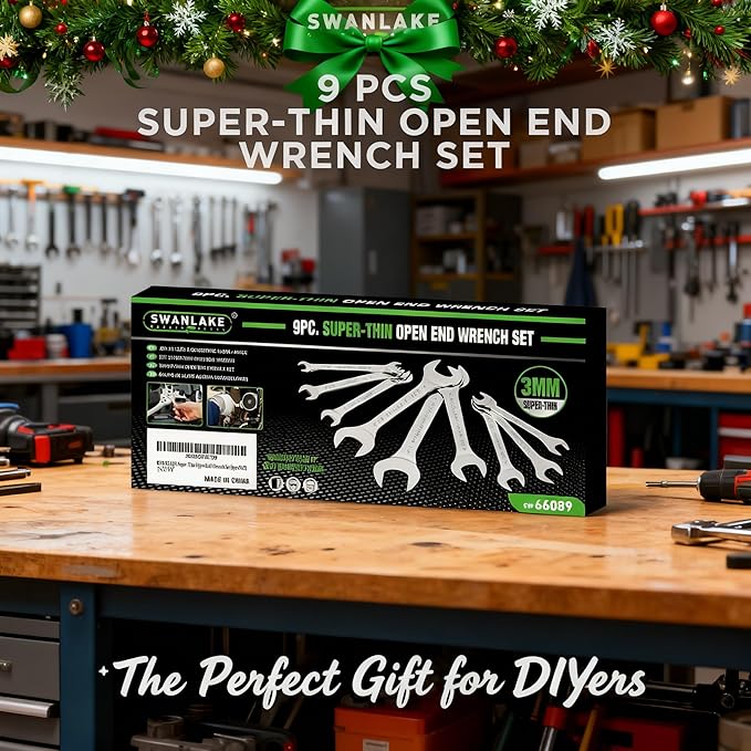 SWANLAKE 9-piece Super-Thin Open End Wrench Set, SAE 1/4", 9/32", 5/16", 3/8", 11/32", 13/32", 7/16", 1/2", 9/16", 11/16", 5/8", 19/32", 3/4", 13/16", 7/8", 15/16", 1", 1-1/16" with Rolling Pouch