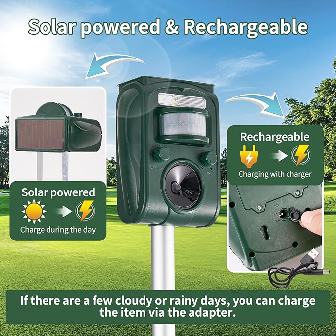 Upgraded Solar Ultrasonic Squirrel Deer Repellent Devices Motion Detection 5 Adjustable Modes, Cat Raccoon Rabbit Dog Deterrent, Animal Repellent with LED Waterproof for Yard, 2P