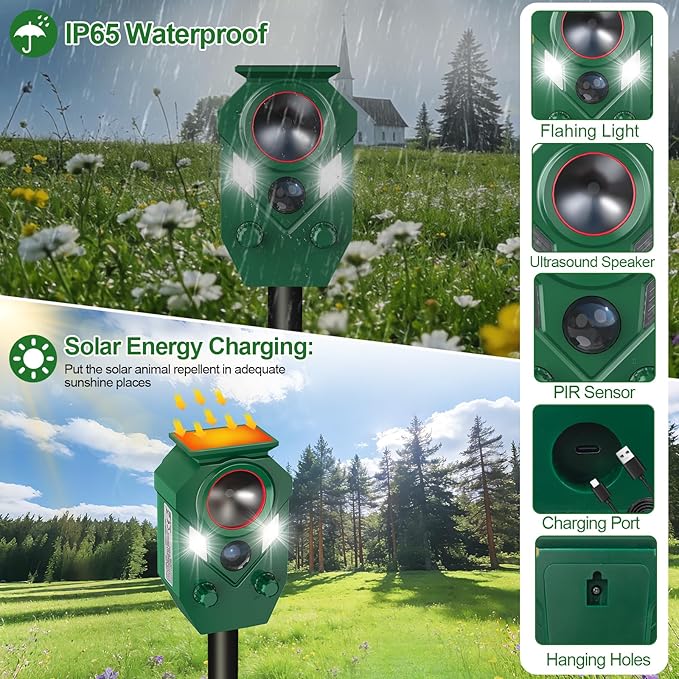 Ultrasonic Animal Repeller Outdoor - Cat Repellent & Deterrent with PIR Sensor & Flashing Light,Solar Powered Deer Repellent for Squirrels, Raccoons, Skunks, Rabbits,and Dogs, IP65 Waterproof （1 Pack）