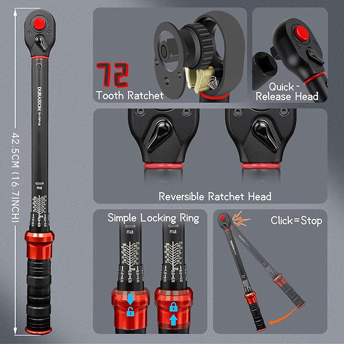23PCS 1/2-Inch Drive Torque Wrench Set, 10-170FT.LB/13.6-230.5Nm, 1/2 Drive Click Torque Wrench Set, 72-Tooth Dual-Range, ±3% Precision Adjustable Torque Wrenches for Cart, Motorcycle, Lug Nut