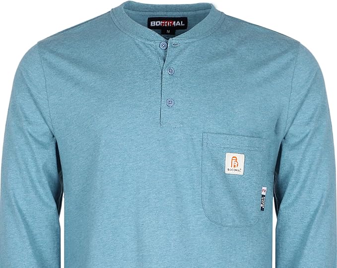 BOCOMAL FR Shirts 6oz Lightweight Flame Resistant Long Sleeve Henley Shirt Fire Retardant Workwear NFPA2112 CAT2