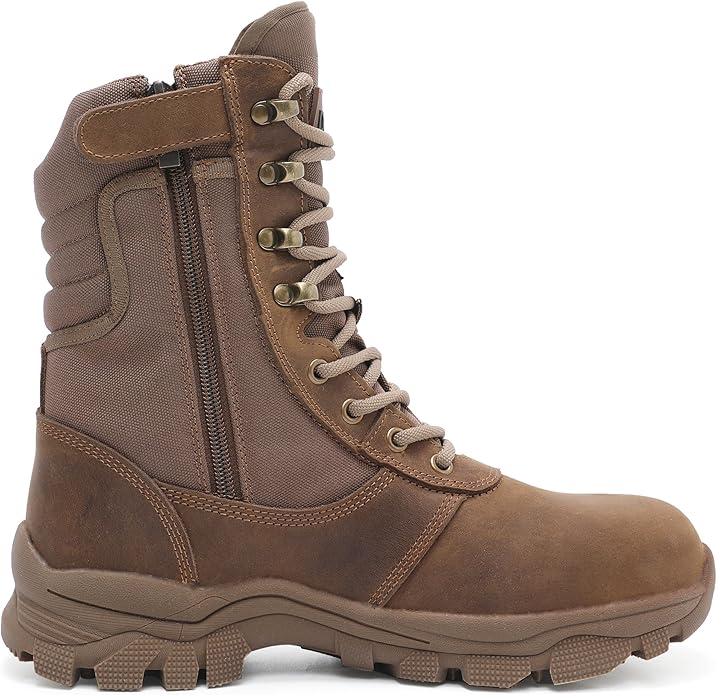 DahWe Men's Steel Toe Work Boots with Side Zipper 8 inch Lightweight Comfortable Indestructible Puncture Proof for Industrial Construction Warehouse Roofing Logger Riding Safety