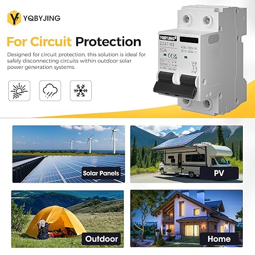 DC Circuit Breaker 50 Amp Solar Panel Disconnect Switch 12V-500V 2 Poles Miniature Solar Circuit Breaker for Outdoor PV Homes Battery, AC 110V DIN Rail MCB