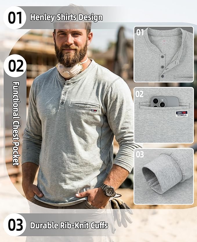 TICOMELA FR Shirts for Men 6oz Flame Retardant Mesh Breathable T-Shirt NFPA2112 Fire Retardant Henley Shirts