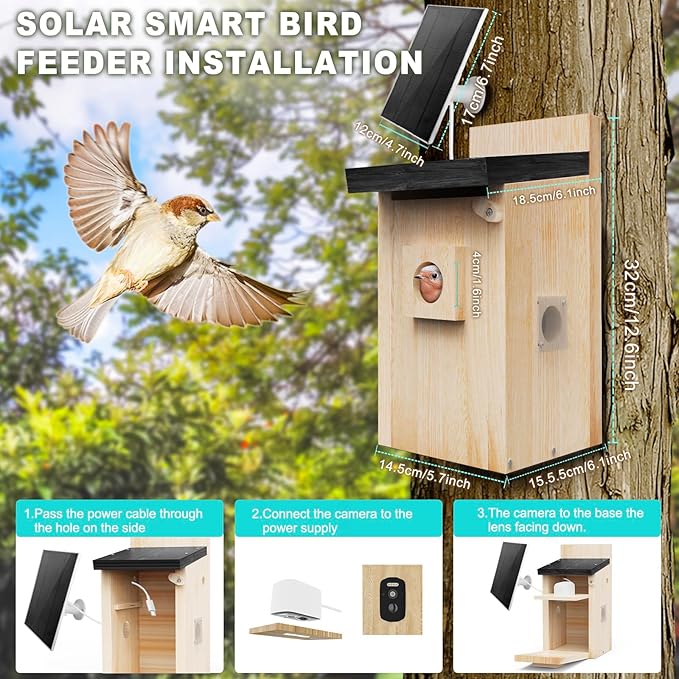 Solar Bird House with Camera, 1080P HD Wooden Smart Birdnest Solar Powered, Watch Birds Nesting & Hatching in Real Time, AI Identify Bird Behavior & Create Bird Story, Weatherproof Birdhouse
