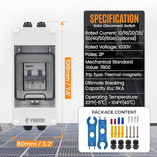 Solar Panels Disconnect Switch 25A 1000VDC PV Shut Off Switch Outdoor Circuit Breaker Box IP65 Waterproof UV-Proof