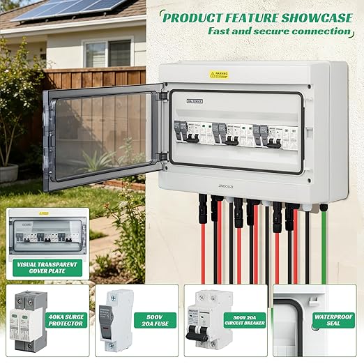3 in 3 Out Solar Combiner Box,PV Combiner Box with 20A PV Fuse,DC 20A Circuit Breaker and Surge Protector,IP65 Solar Disconnect Switch Box for Indoor Outdoor Solar Panel System (3 in 3 Out 20A 500V)