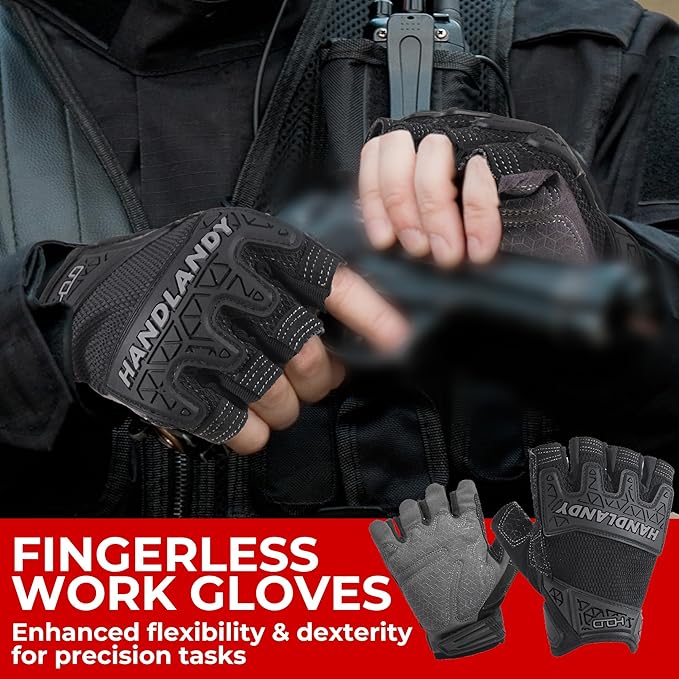 HANDLANDY Fingerless Work Gloves for Mens & Women, Uwrist Half Finger Shock-Absorbing Breathable Glove