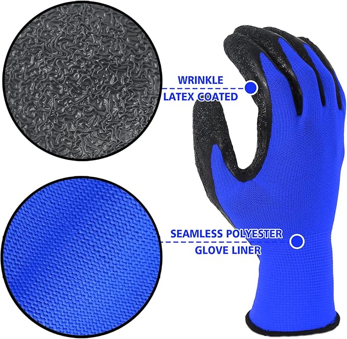 Evridwear Crinkle Latex Rubber Hand Coated Safety Work Gloves for Men Women General Multi Use Construction Warehouse Gardening Assembly Landscaping (Large,Blue- 12 Pairs)