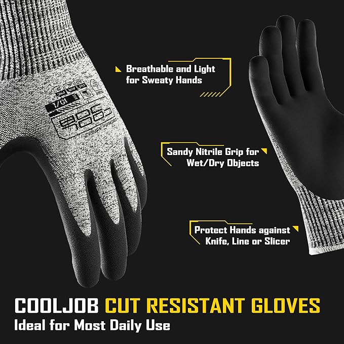 COOLJOB A3 Cut Resistant Fishing Gloves for Men, Touchscreen Safety Work Gloves with Grip Nitrile Rubber Coating for Glass Handling Wood Carving, Saltwater Fishing Gear, Grey, Small, 1 Pair