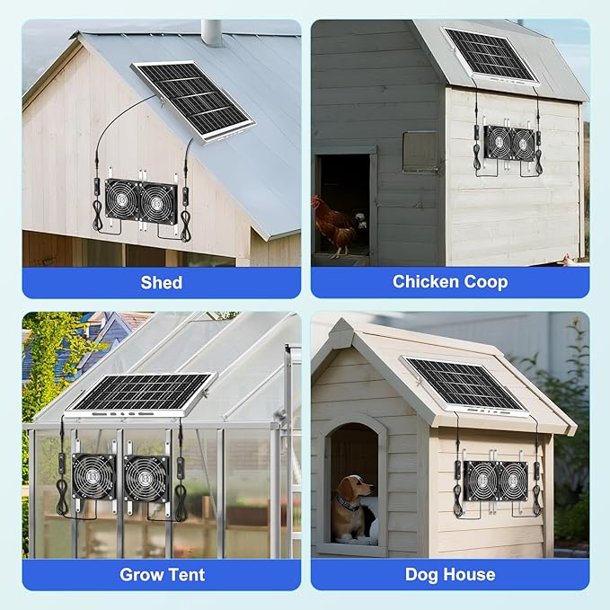 5.5" Solar Chicken Coop Fan 2 Kit, 20W Solar Powered Greenhouse Fan Outdoor Waterproof for Vent Exhaust & Intake, 16.7 ft Cord, for Outside Shed Doghouse Ventilation Air Circulation Cooling