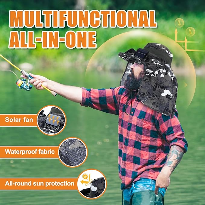 Chuarry Wide Brim Sun Hat with 2 Fan Outdoor Solar Powered USB Charging Fishing Hat with Neck Flap for Men Women