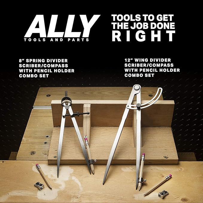 ALLY Tools 8 Inch Precision Locking Spring Divider/Woodworking Compass with Pencil Holder INCLUDES Two Pencils and Pencil Sharpener Ideal for Drawing, Drafting, Carpentry