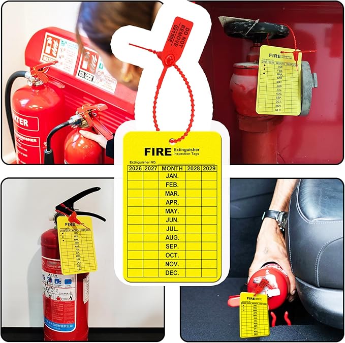 30 Sets Fire Extinguisher Tags Monthly Inspection Tear-Resistant Numbered Plastic Tamper-Evident Cable Ties Easy to Punch Includes Handheld Hole Puncher- Red