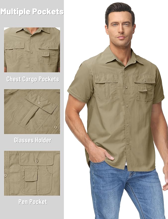 TACVASEN Men's Convertible Long Sleeve Fishing Shirts Lightweight Quick Dry Button Up Tactical Sun Shirts for Safari Hiking