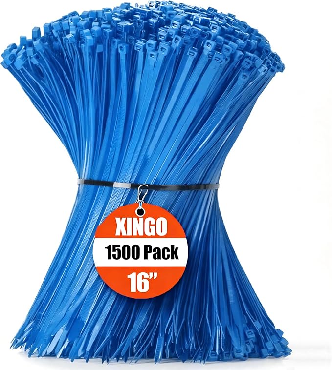 XINGO 16 Inch Blue Zip Ties 1500 PCS, 85 LBS Tensile Strength, UV Resistant Cable Ties, Premium Self-locking Plastic Ties for Indoor and Outdoor Use