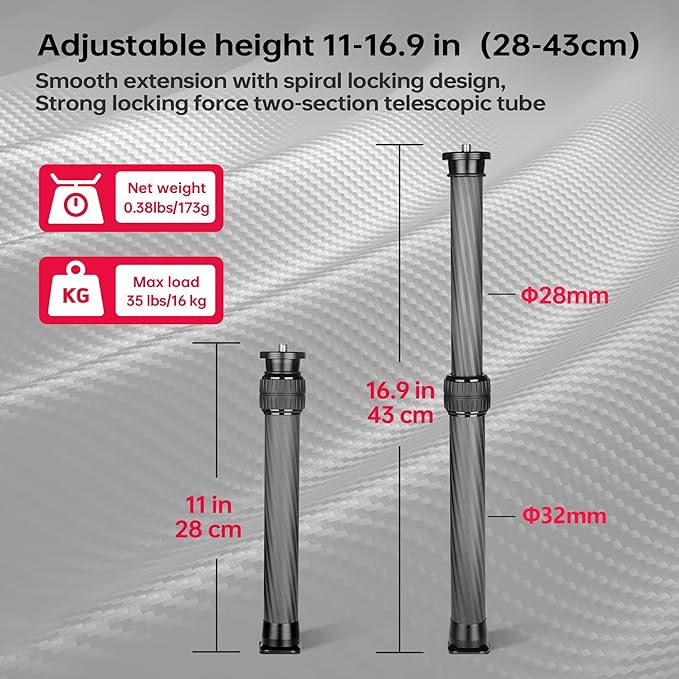 Manbily Carbon Fiber Tripod Extension Pole, 32mm Tube Two-Section Center Column Extension Rod for Tripods