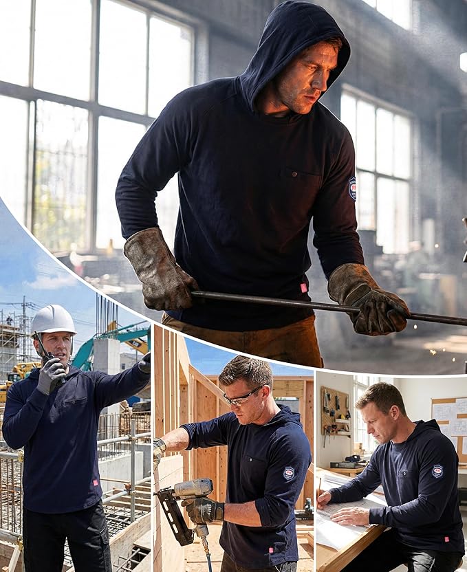 BOCOMAL FR Hooded T Shirts Chest Pocket Fire Resistant Summer Hoodie NFPA2112 CAT2 Flame Retardant FRC Welding Work Shirt