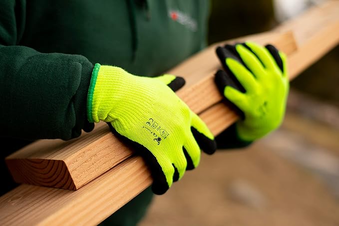 G & F 1516 12 Pairs Pack Premium High Visibility Work and gardening Gloves for Men and Women. MicroFoam Textured Coated Palm and Fingers Gloves for Gardening Work, Size Small, Green