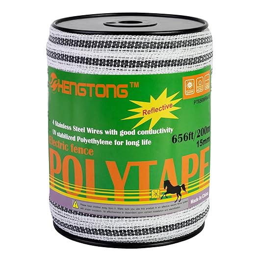 Upgraded Electric Fence Poly Tape with Reflective Strip, 656ft(200m) Horse Fencing Tape, 3/5"(15mm) Fence Tape, 4 x 0.18mm Strong Stainless Steel Conductors