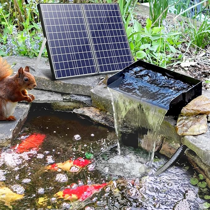 POPOSOAP Solar Pond Waterfall Spillway Kit, 55W Folding Solar Panel & Pond Pump Included, DIY Water Feature for Garden, Balcony, Indoor Aquarium & Small Ponds-P5552
