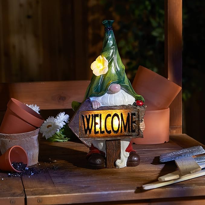 Accent Plus Gnome with Glowing Welcome Sign Solar Statue