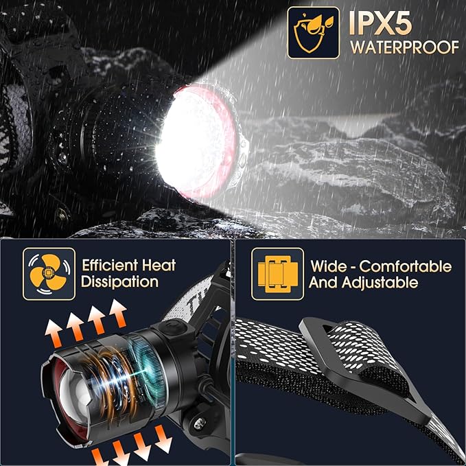 Headlamp Rechargeable Super Bright, 2 Pack High Lumen LED Head Lamp with Motion Sensor, 5 Modes Zoomable Head Light for Forehead, 90° Adjustable, Waterproof Headlamps for Adults Hard Hat Light Camping