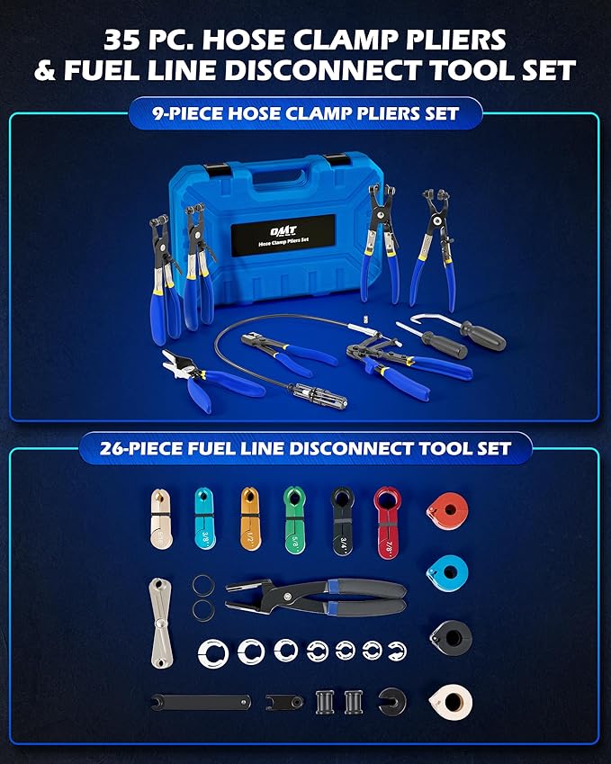 Orion Motor Tech Fuel Line Disconnect & Hose Clamp Pliers Tool Set, 35pc Master Disconnect Tool Kit with Fuel A/C Disconnect Pliers, Auto Long Reach Hose Clamp Remover Kit with Clic R Type Swivel Jaw